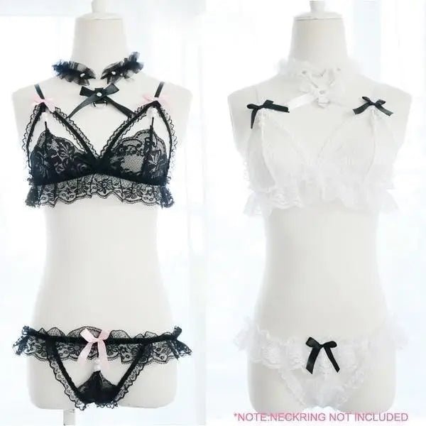 Kawaii Lacey Intimate Wear with Crotchless Panties and Harness - Cosparty