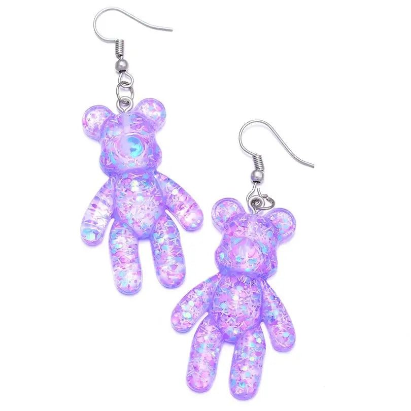 Kawaii Large Bear Earrings in Bright Glittery Colors - Cosparty