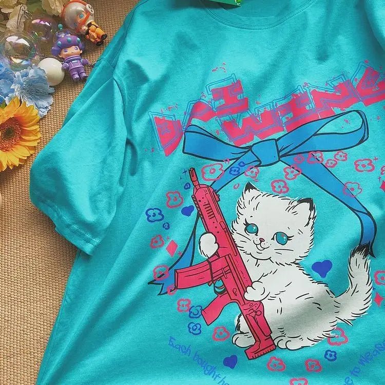 Kawaii Machine Gun Kitten T-Shirt In Stock for Daisy Duck Fans - Cosparty
