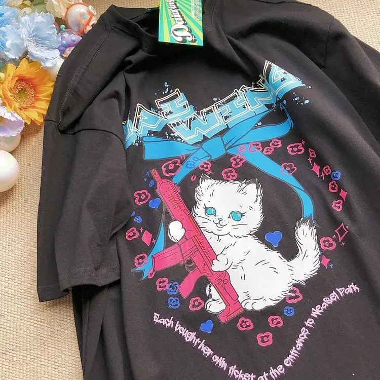 Kawaii Machine Gun Kitten T-Shirt In Stock for Daisy Duck Fans - Cosparty