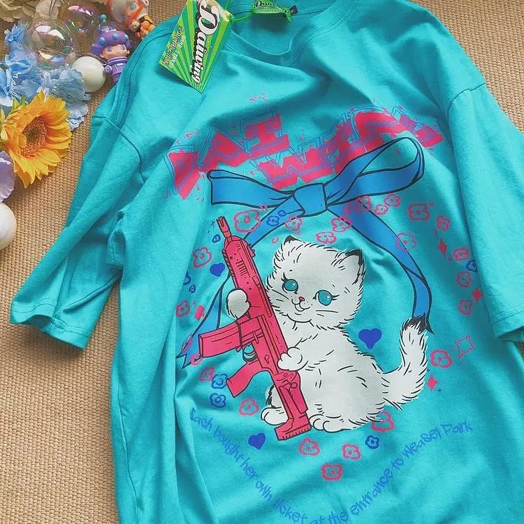 Kawaii Machine Gun Kitten T-Shirt In Stock for Daisy Duck Fans - Cosparty