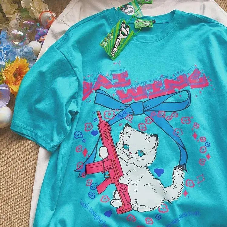 Kawaii Machine Gun Kitten T-Shirt In Stock for Daisy Duck Fans - Cosparty