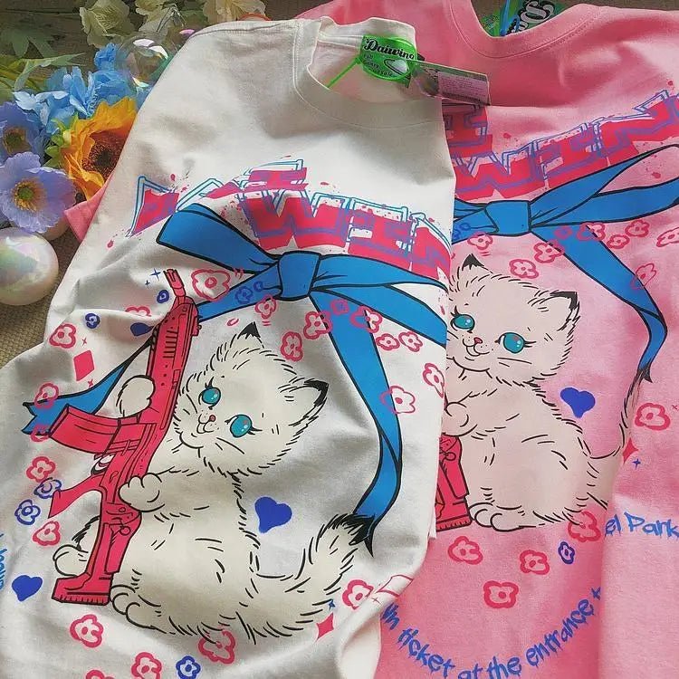 Kawaii Machine Gun Kitten T-Shirt In Stock for Daisy Duck Fans - Cosparty