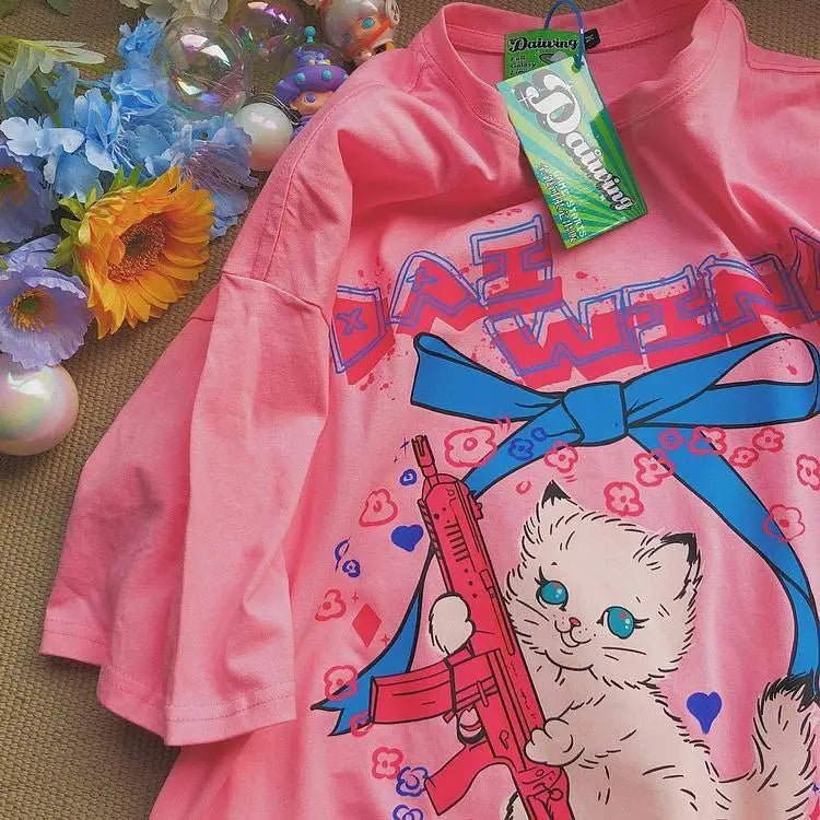 Kawaii Machine Gun Kitten T-Shirt In Stock for Daisy Duck Fans - Cosparty