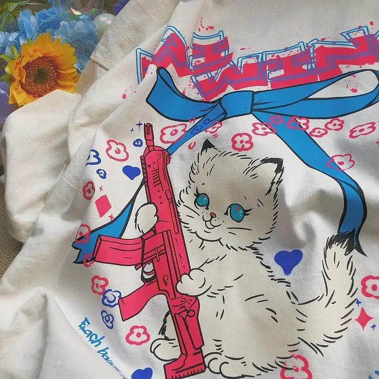 Kawaii Machine Gun Kitten T-Shirt In Stock for Daisy Duck Fans - Cosparty