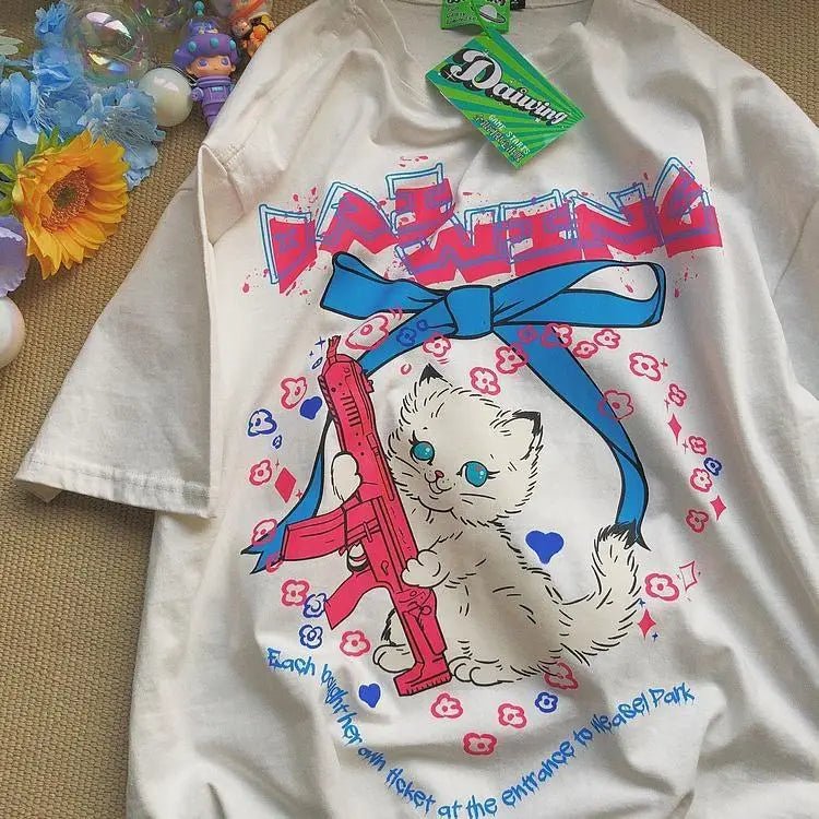 Kawaii Machine Gun Kitten T-Shirt In Stock for Daisy Duck Fans - Cosparty