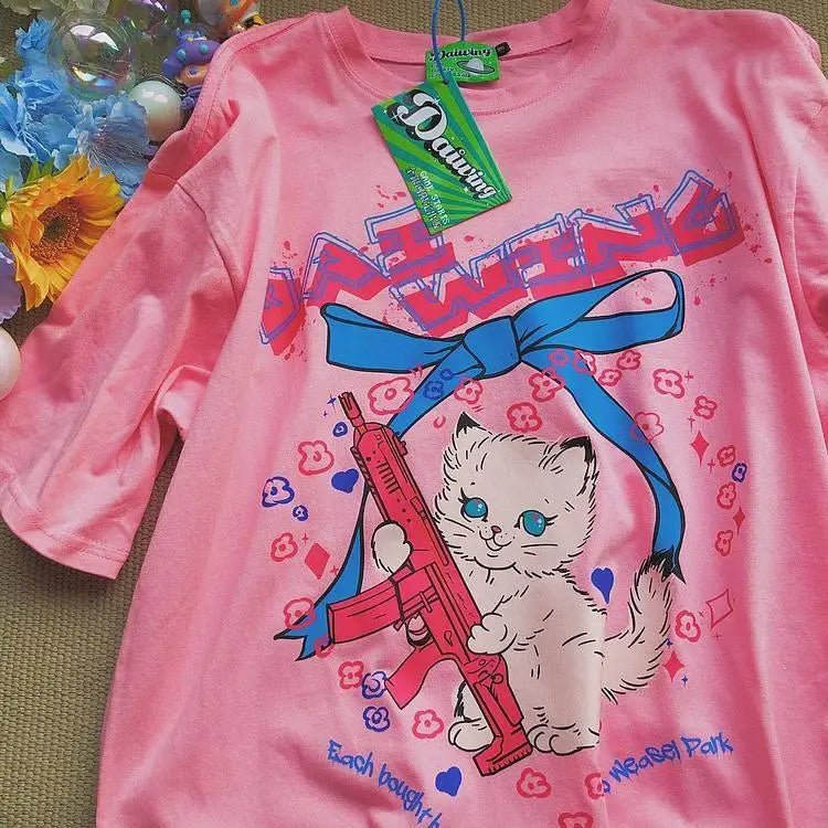 Kawaii Machine Gun Kitten T-Shirt In Stock for Daisy Duck Fans - Cosparty
