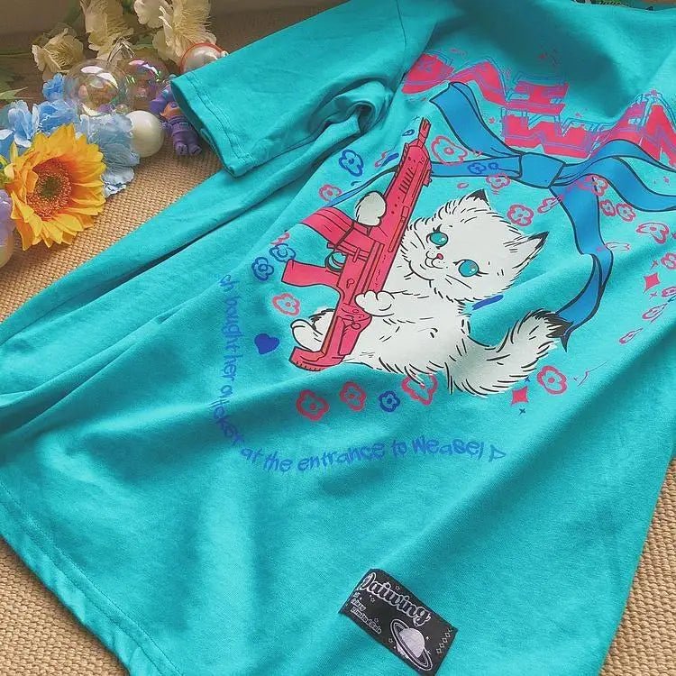 Kawaii Machine Gun Kitten T-Shirt In Stock for Daisy Duck Fans - Cosparty