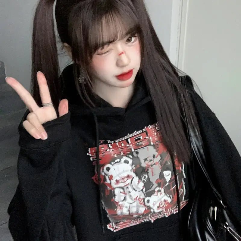 Kawaii Menhera Creepy Teddy Bear Hooded Sweatshirt in Black and Red - Cosparty