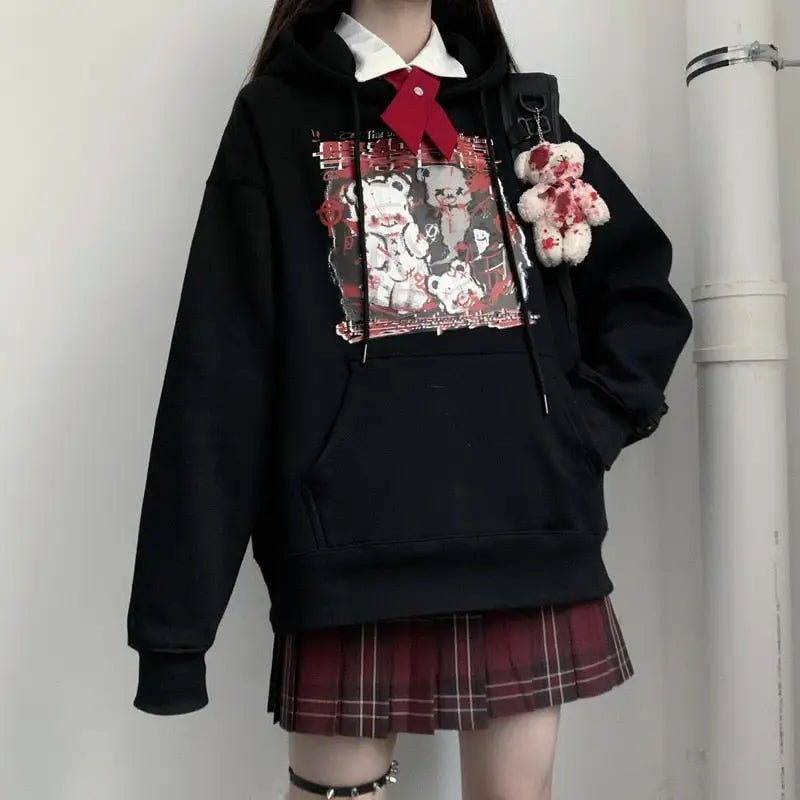 Kawaii Menhera Creepy Teddy Bear Hooded Sweatshirt in Black and Red - Cosparty
