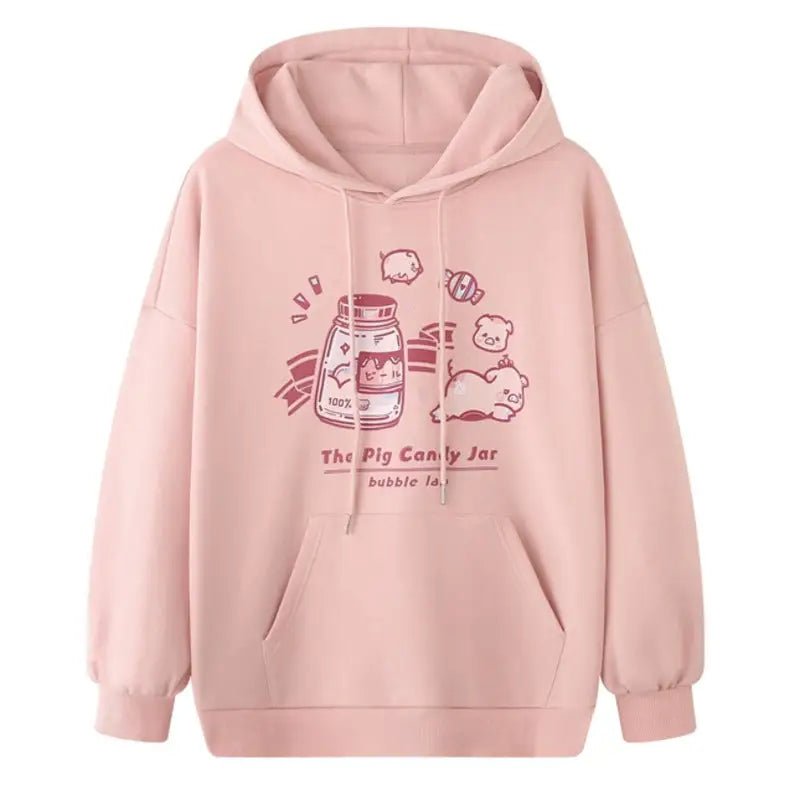 Kawaii Pastel Pink Pig Candy Jar Hoodie for Cozy Sweet Style - Cosparty