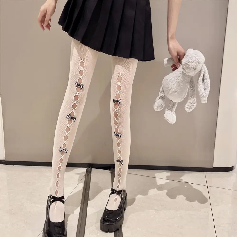 Kawaii Ribbon Embellished Fishnet Tights for Cosparties and Gothic Style - Cosparty