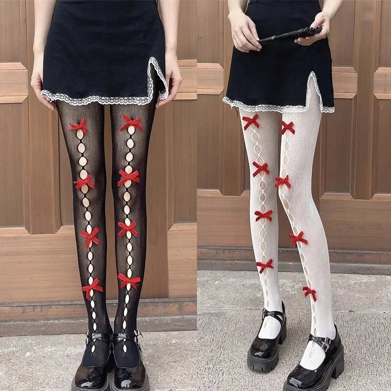 Kawaii Ribbon Embellished Fishnet Tights for Cosparties and Gothic Style - Cosparty