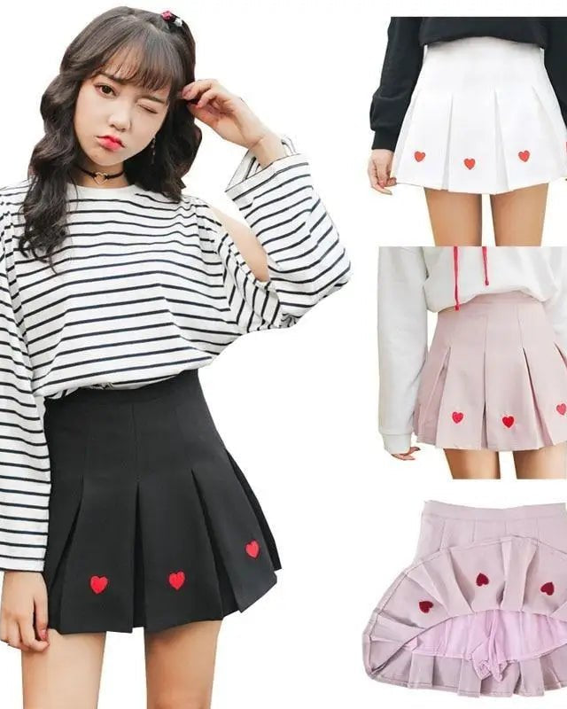 Kawaii School Girl Tennis Skirt with Heart Embroidery Details - Cosparty