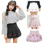 Kawaii School Girl Tennis Skirt with Heart Embroidery Details - Cosparty