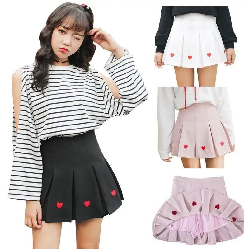 Kawaii School Girl Tennis Skirt with Heart Embroidery Details - Cosparty