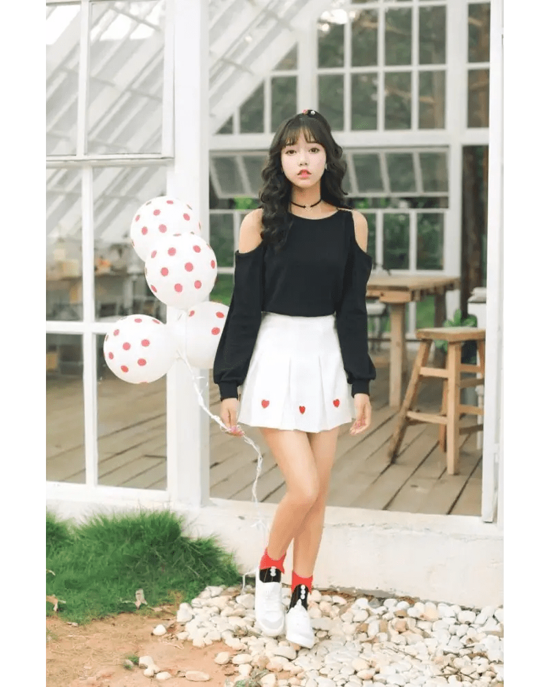 Kawaii School Girl Tennis Skirt with Heart Embroidery Details - Cosparty