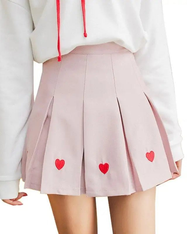 Kawaii School Girl Tennis Skirt with Heart Embroidery Details - Cosparty