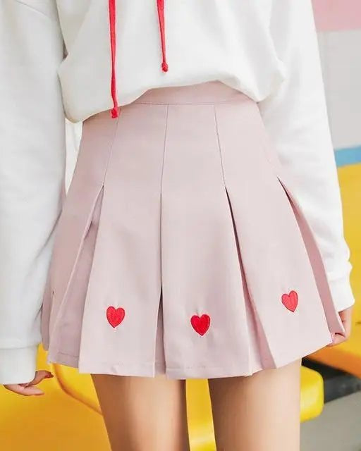Kawaii School Girl Tennis Skirt with Heart Embroidery Details - Cosparty