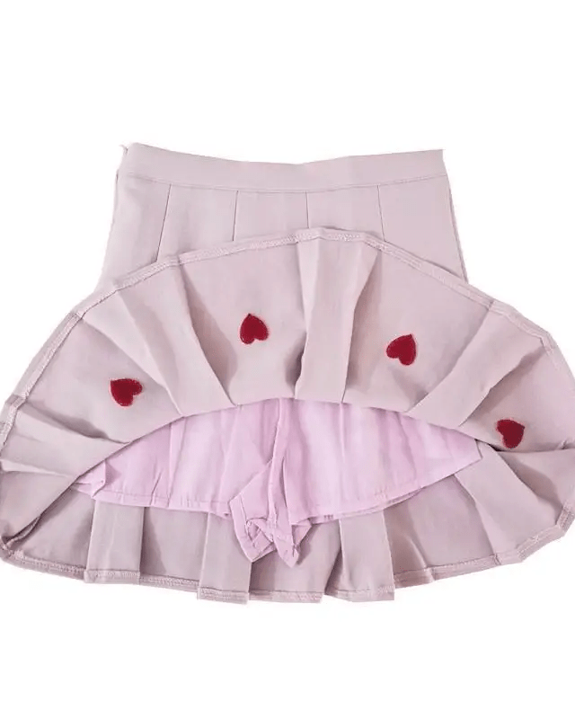 Kawaii School Girl Tennis Skirt with Heart Embroidery Details - Cosparty