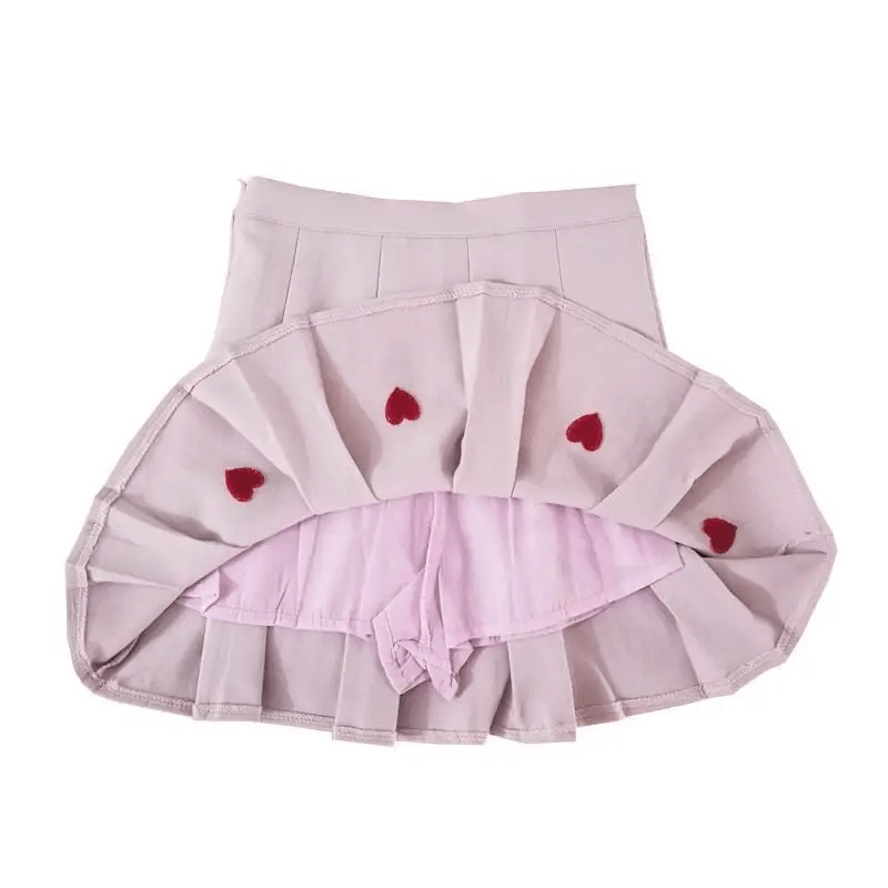 Kawaii School Girl Tennis Skirt with Heart Embroidery Details - Cosparty