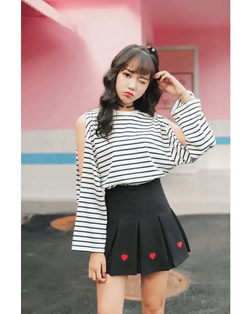 Kawaii School Girl Tennis Skirt with Heart Embroidery Details - Cosparty