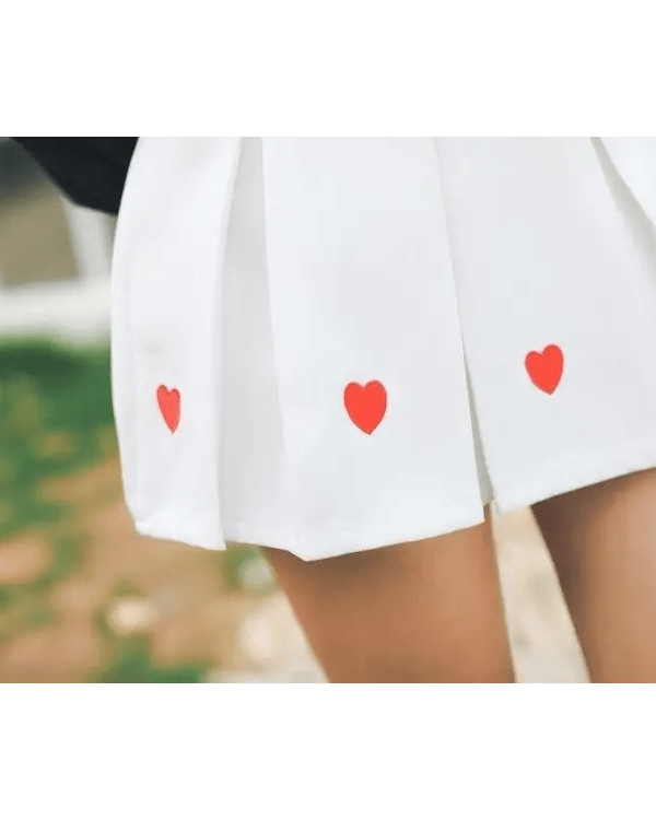 Kawaii School Girl Tennis Skirt with Heart Embroidery Details - Cosparty