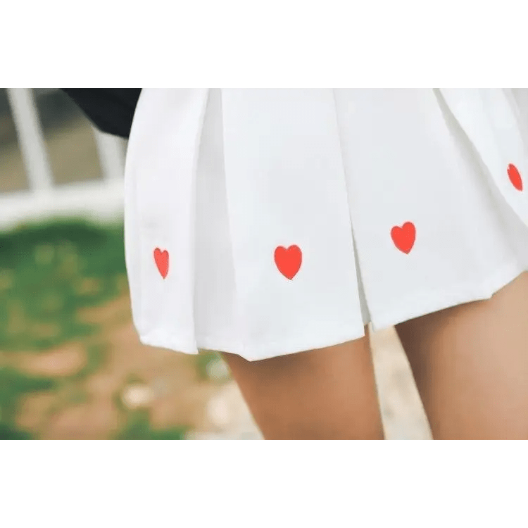 Kawaii School Girl Tennis Skirt with Heart Embroidery Details - Cosparty
