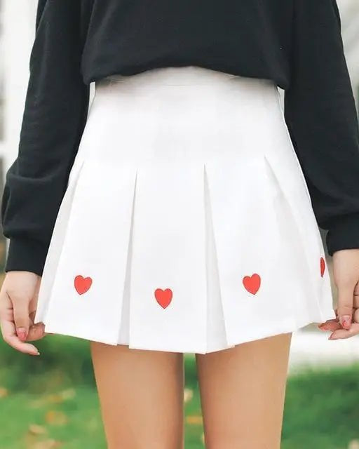 Kawaii School Girl Tennis Skirt with Heart Embroidery Details - Cosparty