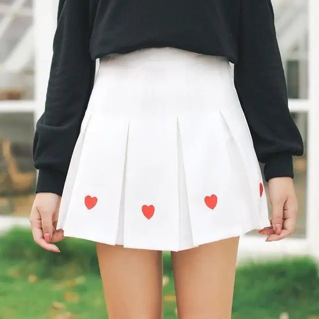 Kawaii School Girl Tennis Skirt with Heart Embroidery Details - Cosparty