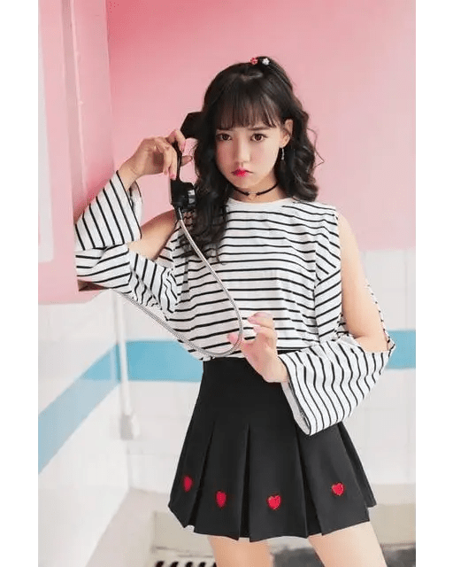 Kawaii School Girl Tennis Skirt with Heart Embroidery Details - Cosparty