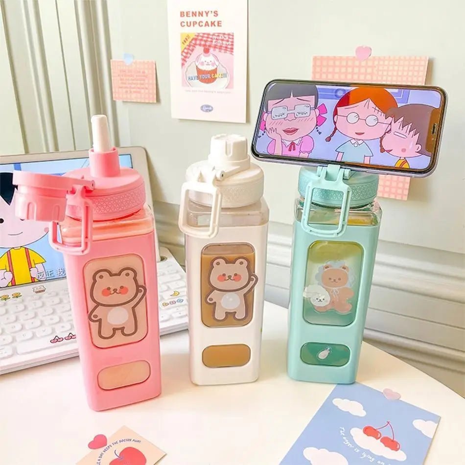 Kawaii Square Bunny and Bear Water Bottles for Stylish Hydration - Cosparty