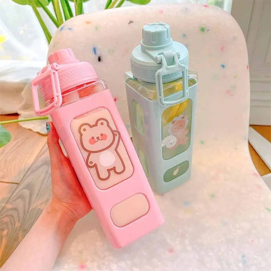 Kawaii Square Bunny and Bear Water Bottles for Stylish Hydration - Cosparty