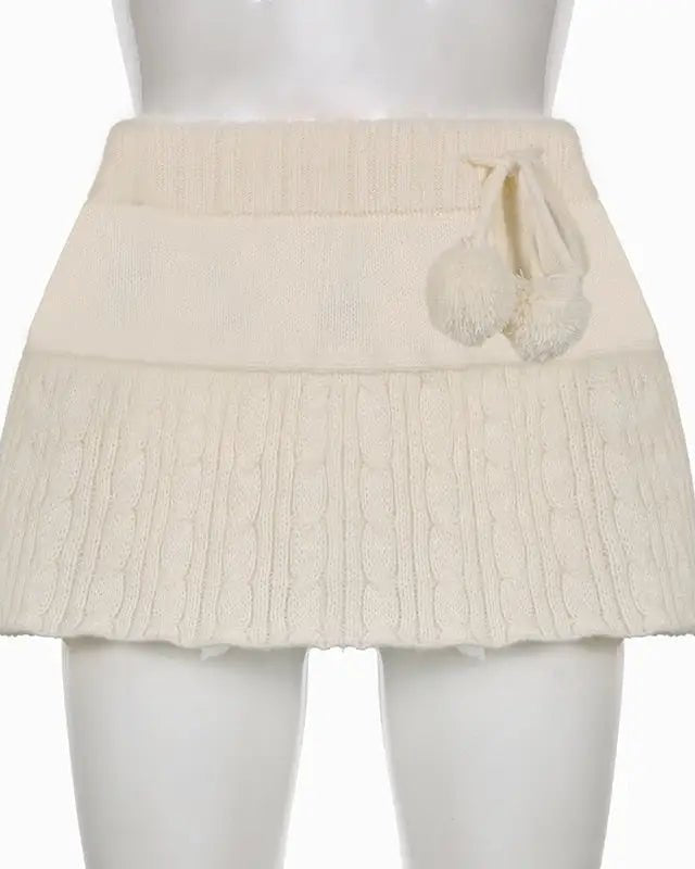 Knit Beige Pompom Skirt for Angelcore and Fairycore Styles - Cosparty