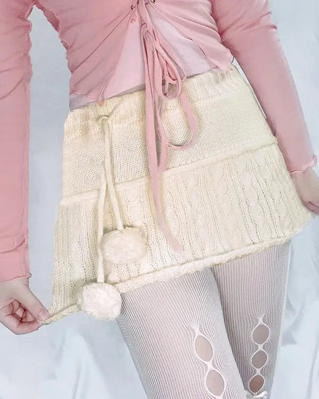 Knit Beige Pompom Skirt for Angelcore and Fairycore Styles - skirt