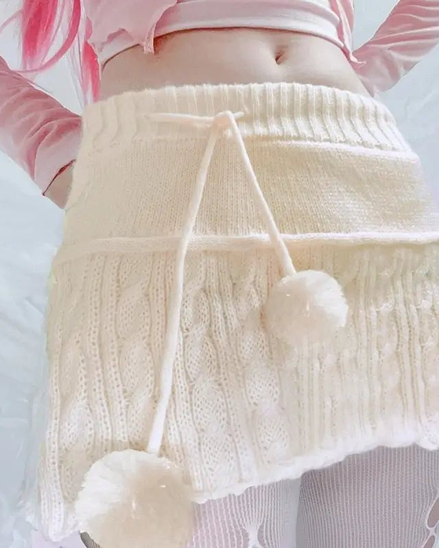 Knit Beige Pompom Skirt for Angelcore and Fairycore Styles - Cosparty
