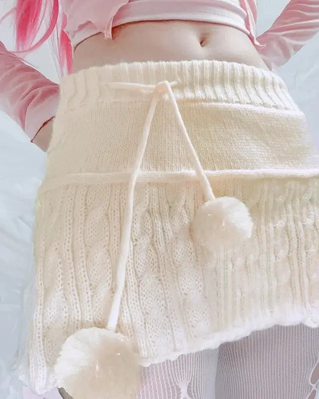 Knit Beige Pompom Skirt for Angelcore and Fairycore Styles - skirt