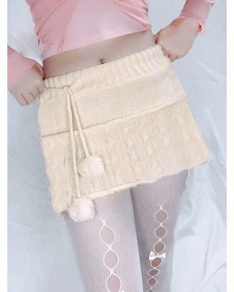Knit Beige Pompom Skirt for Angelcore and Fairycore Styles - Cosparty