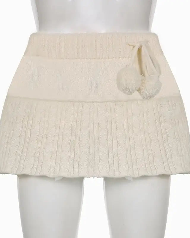 Knit Beige Pompom Skirt for Angelcore and Fairycore Styles - skirt
