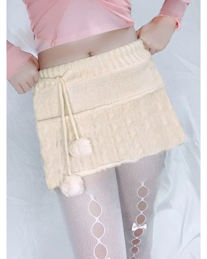 Knit Beige Pompom Skirt for Angelcore and Fairycore Styles - skirt