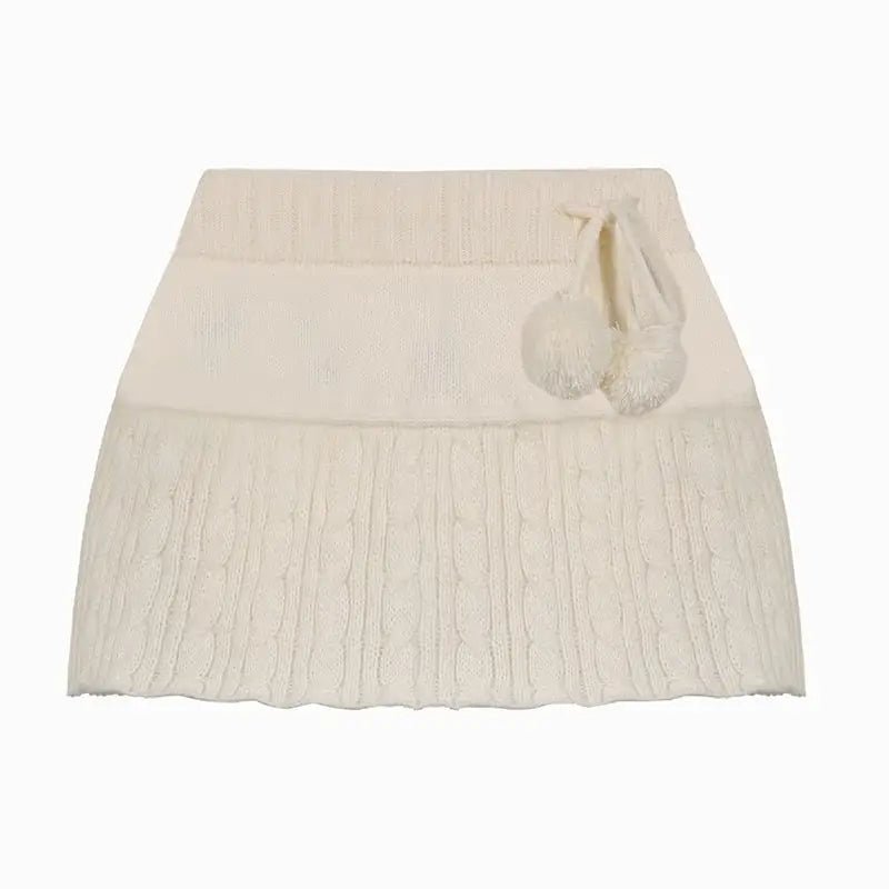 Knit Beige Pompom Skirt for Angelcore and Fairycore Styles - Cosparty