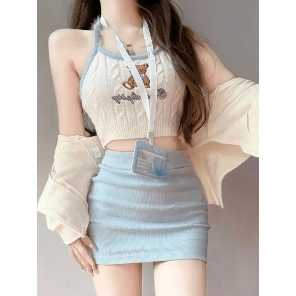 Knit Teddy Crop Top for Cute and Cozy Angelcore Fashion - Cosparty