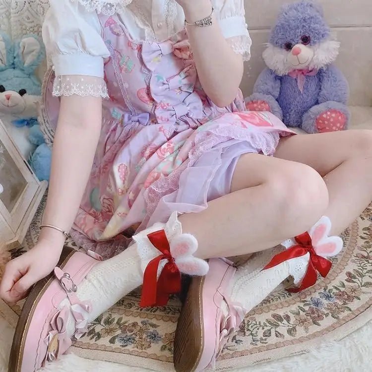 Lace Bunny Ear Lolita Stockings with Ruffles and Removable Ears - Cosparty