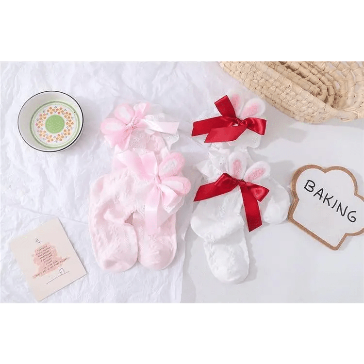 Lace Bunny Ear Lolita Stockings with Ruffles and Removable Ears - Cosparty