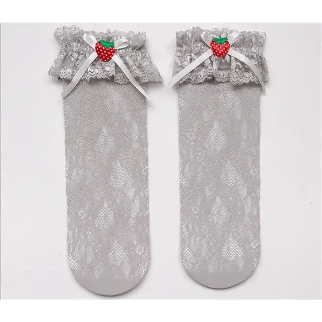 Lace Knee - High Stockings with Ruffles and Strawberry Silk Ribbon - Cosparty