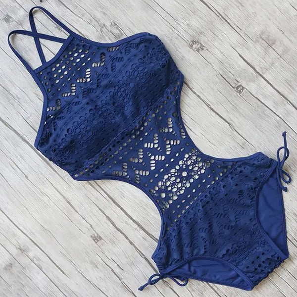 Lace One Piece Bikini with Criss Cross Halter and Flattering Fit - Cosparty