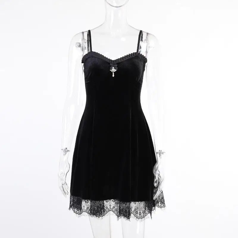 Lace Trimmed Velvet Dress with Bralette and Cross Embellishment - Cosparty