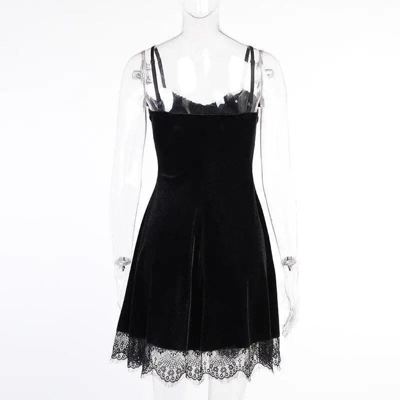 Lace Trimmed Velvet Dress with Bralette and Cross Embellishment - Cosparty