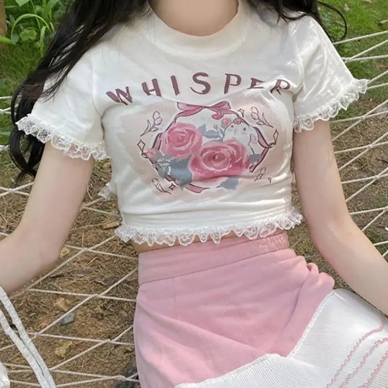 Lace Trimmed Whisper Crop Top with Baby Bunny and Roses Design - Cosparty
