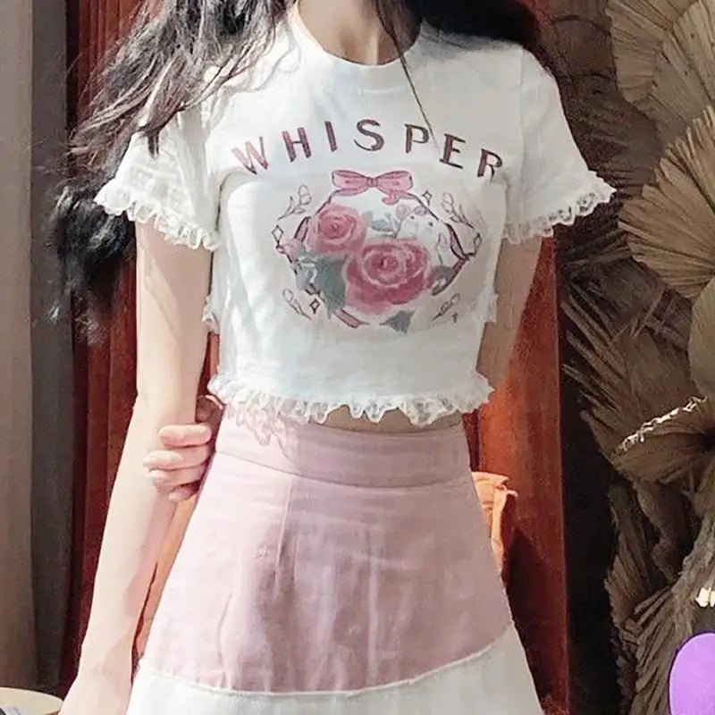 Lace Trimmed Whisper Crop Top with Baby Bunny and Roses Design - Cosparty